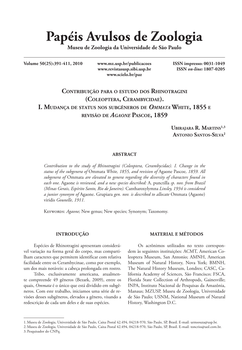 Contribuição Para O Estudo Dos Rhinotragini (Coleoptera, Cerambycidae)