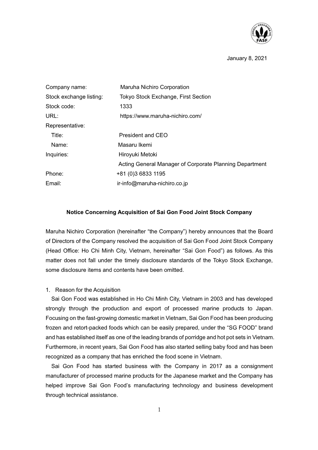 Notice Concerning Acquisition of Sai Gon Food Joint Stock Company