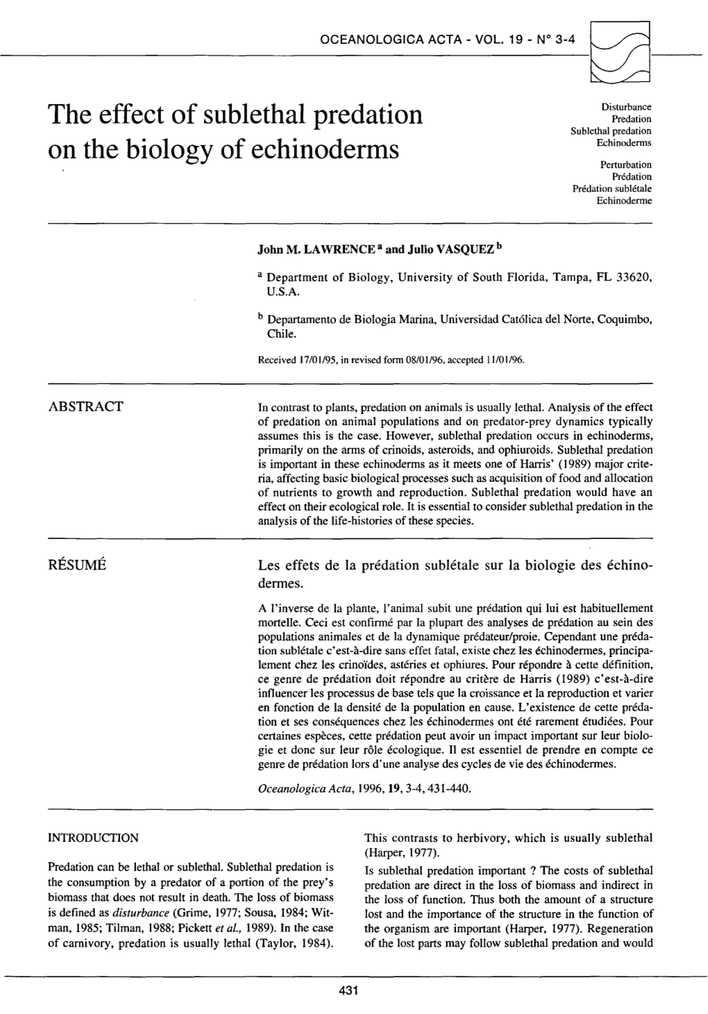 The Effect of Sublethal Predation on the Biology of Echinoderms