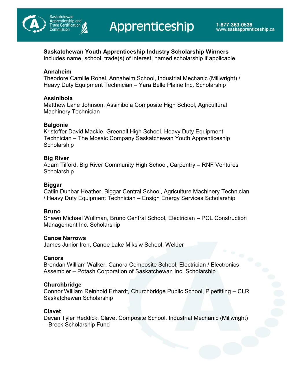 Saskatchewan Youth Apprenticeship Industry Scholarship Winners Includes Name, School, Trade(S) of Interest, Named Scholarship If Applicable