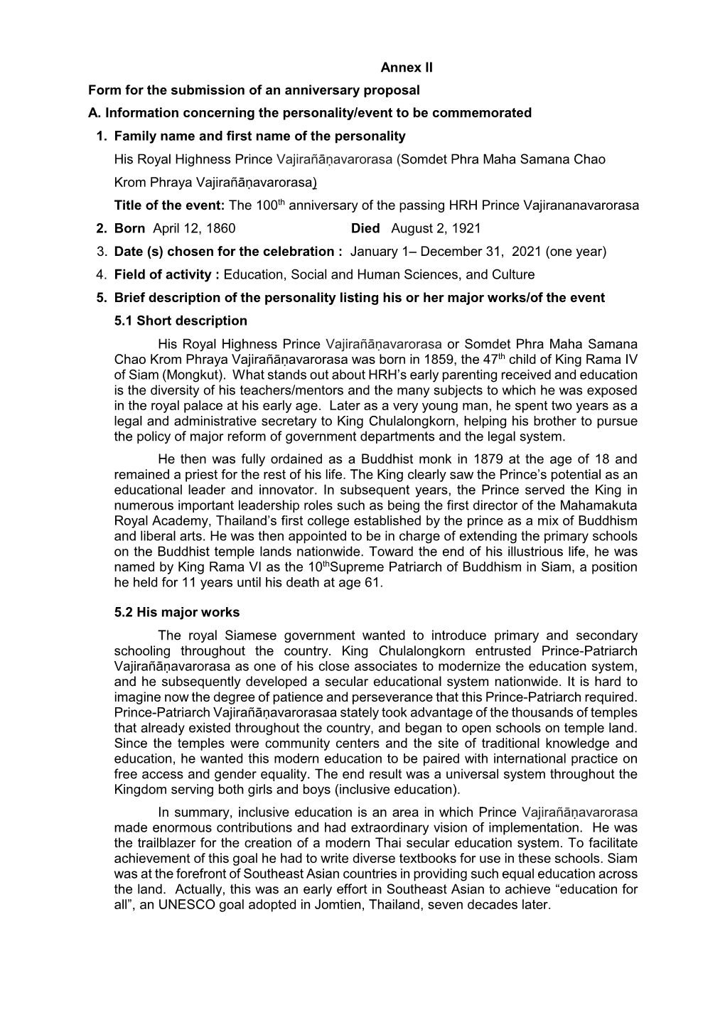 Annex II Form for the Submission of an Anniversary Proposal A