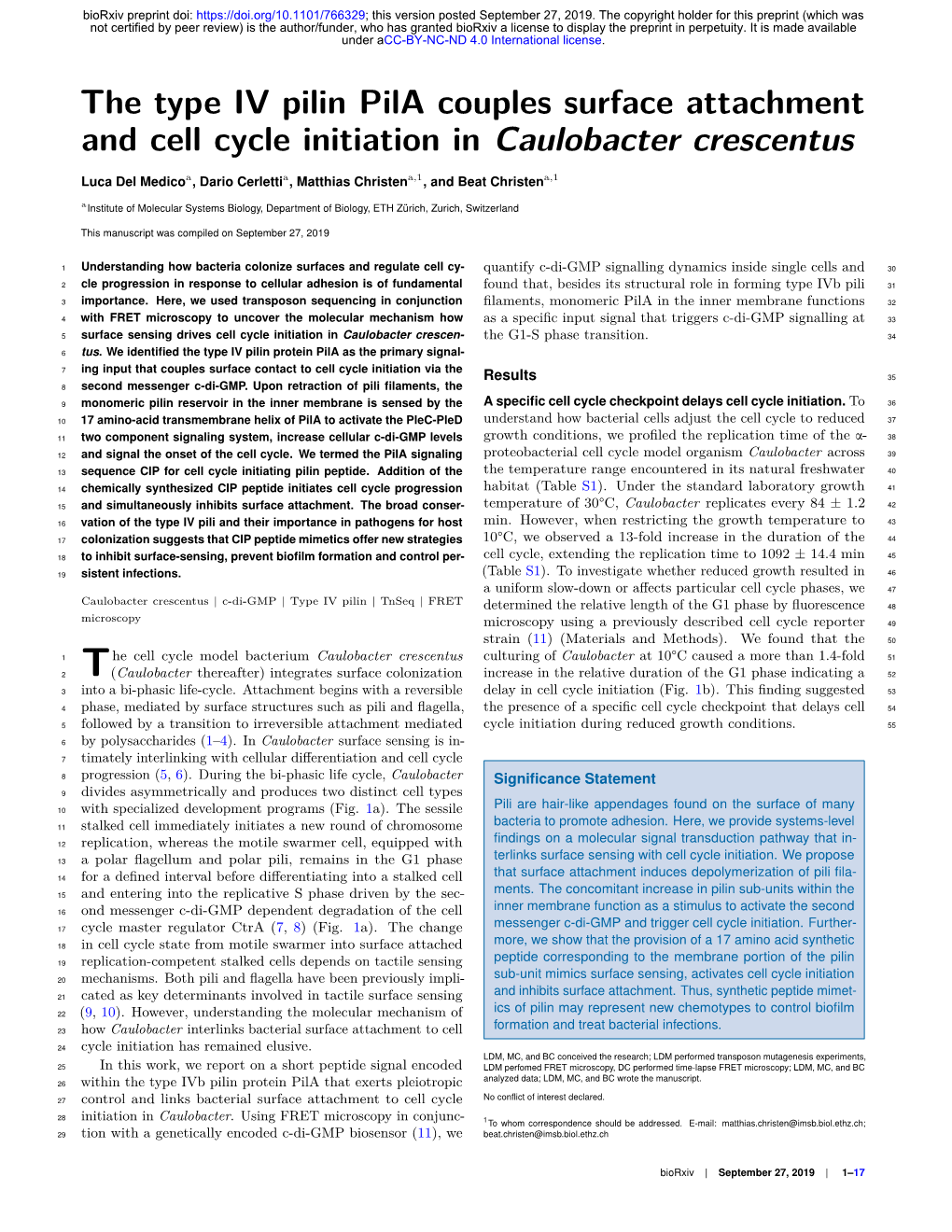 The Type IV Pilin Pila Couples Surface Attachment and Cell Cycle Initiation in Caulobacter Crescentus