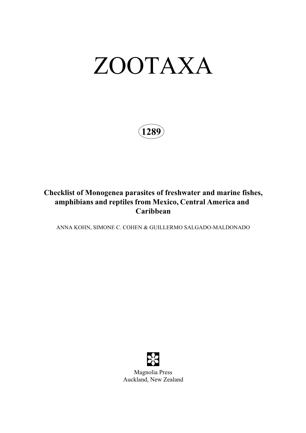 Zootaxa: Checklist of Monogenea Parasites of Freshwater and Marine