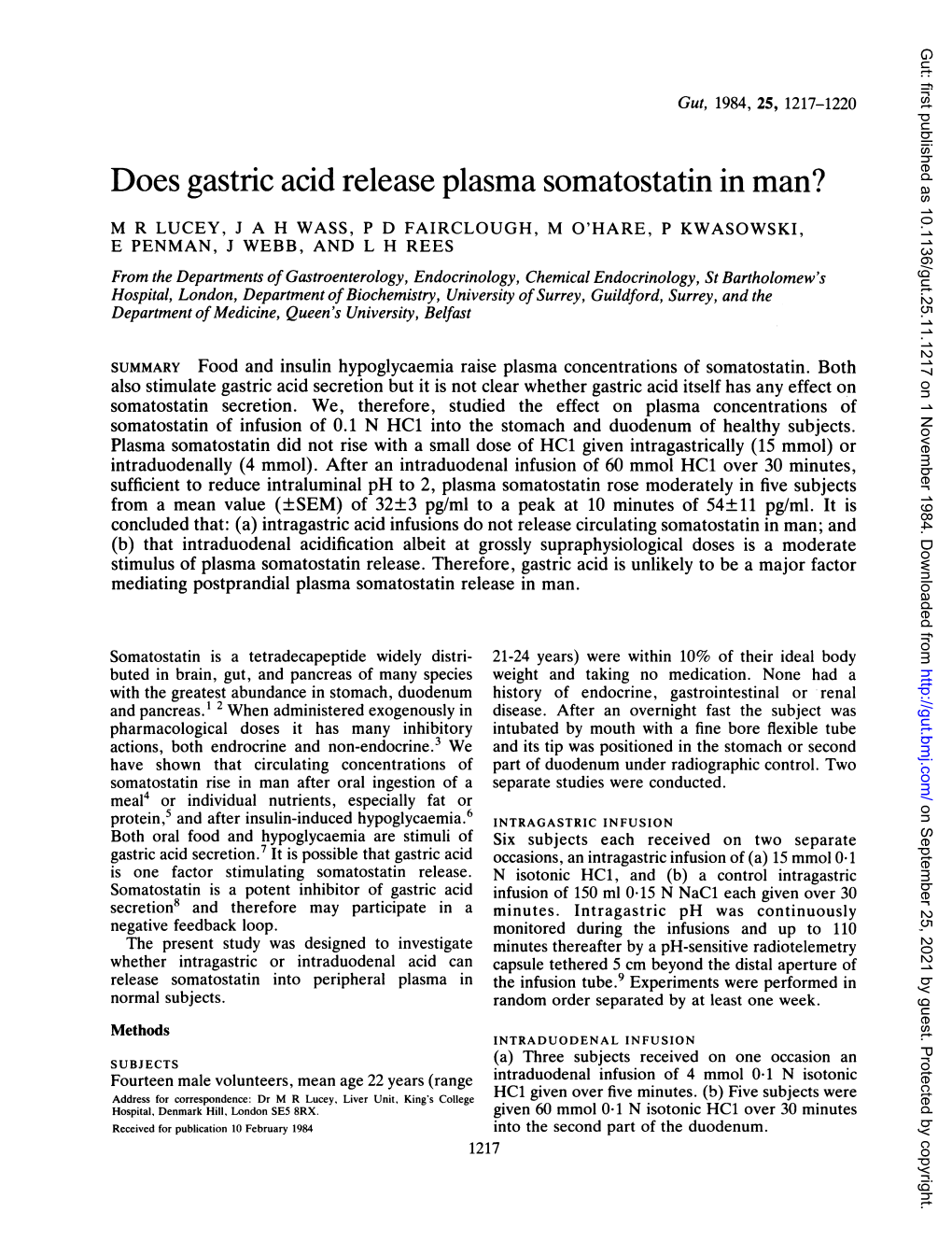 Does Gastric Acid Release Plasma Somatostatin in Man?