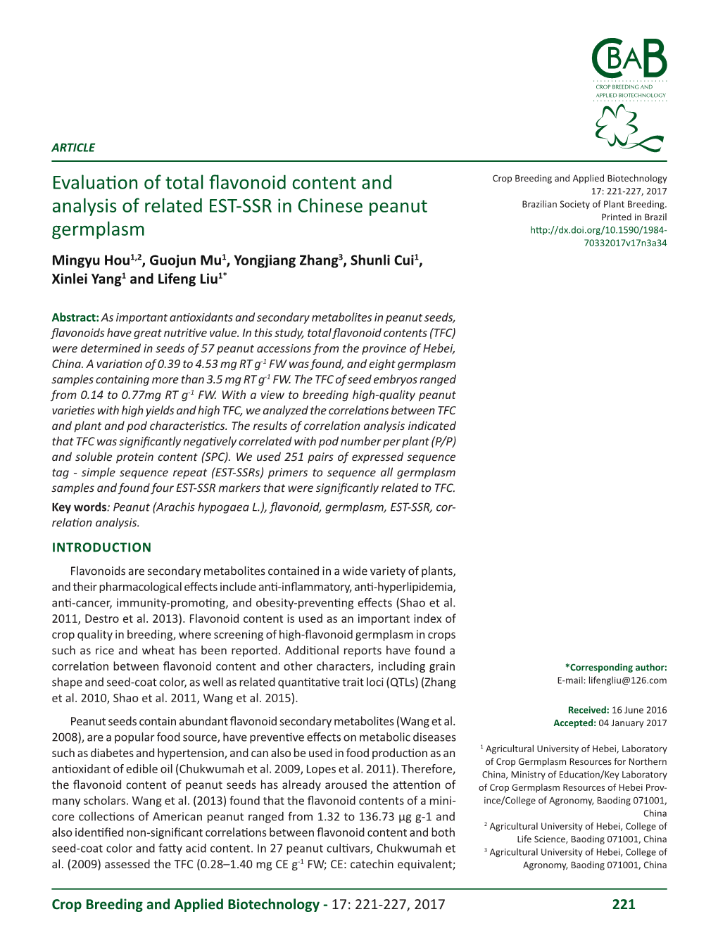 Evaluation of Total Flavonoid Content and Analysis of Related EST-SSR in Chinese Peanut Germplasm