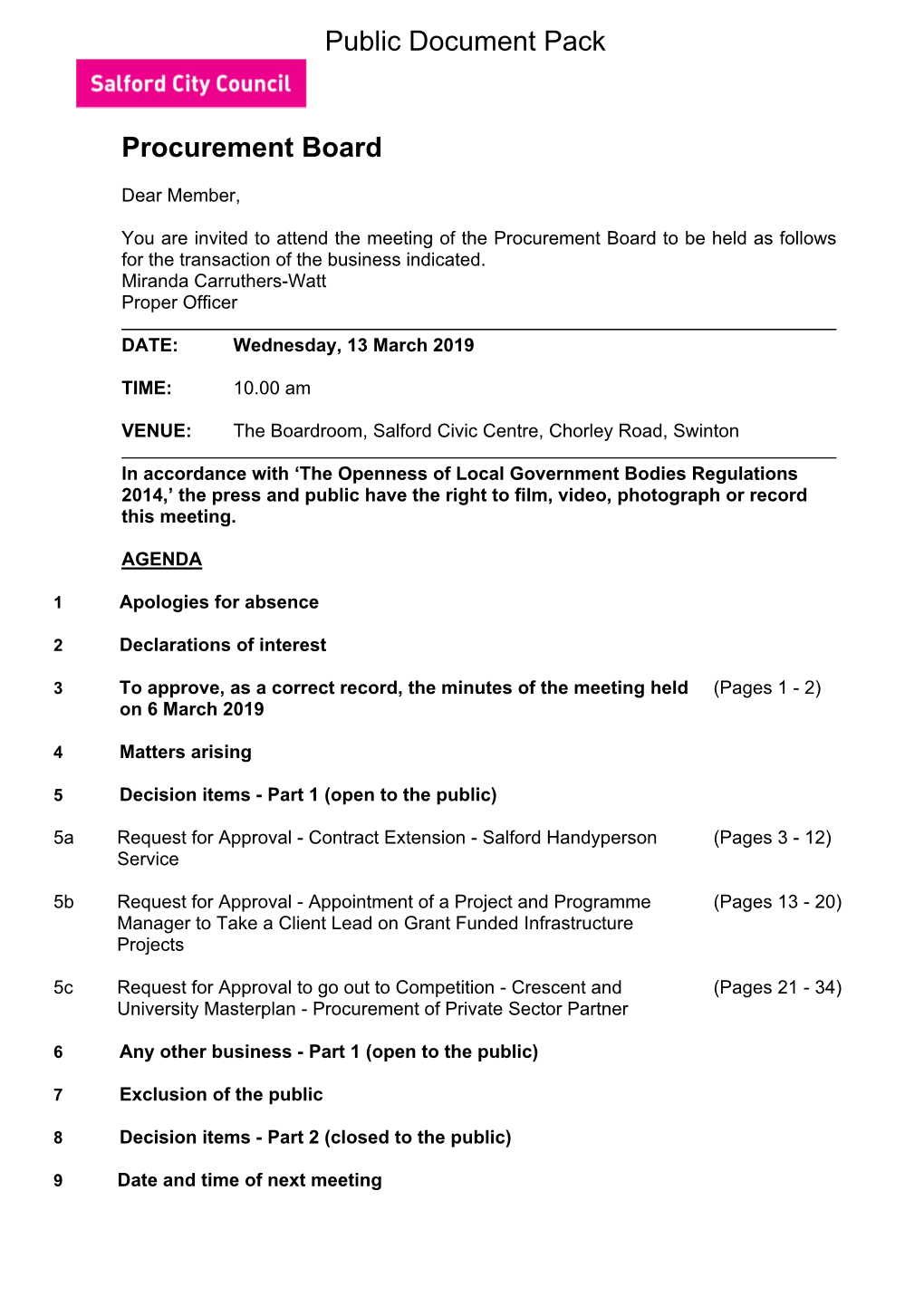 (Public Pack)Agenda Document for Procurement Board, 13/03/2019 10:00