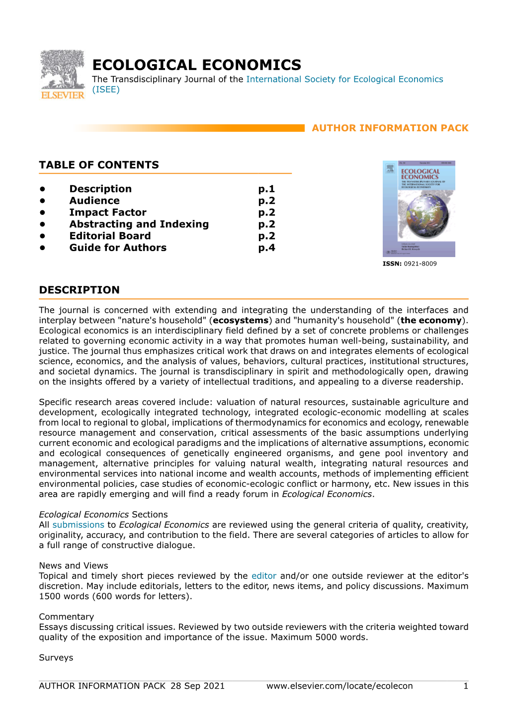 ECOLOGICAL ECONOMICS the Transdisciplinary Journal of the International Society for Ecological Economics (ISEE)