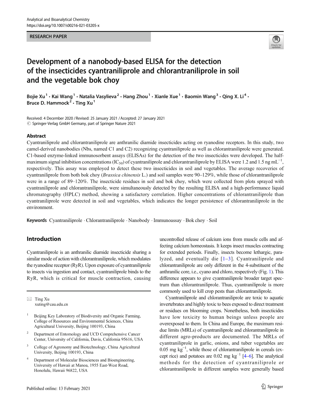 Development of a Nanobody-Based ELISA for the Detection of the Insecticides Cyantraniliprole and Chlorantraniliprole in Soil and the Vegetable Bok Choy