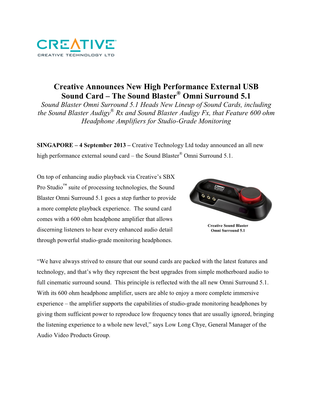 Creative Announces New High Performance External USB Sound