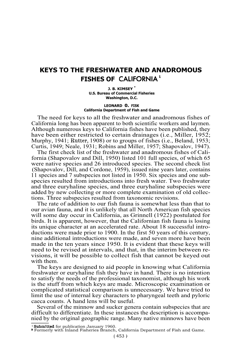 Keys to the Freshwater and Anadromous Fishes of California'