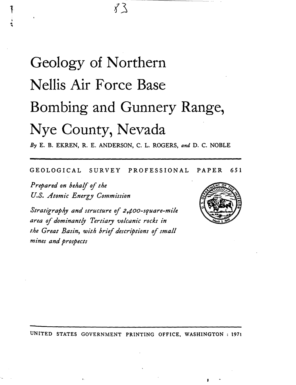 Geology of Northern Nellis Airforce Base Bombing & Gunnery Range, Nye County, Nevada