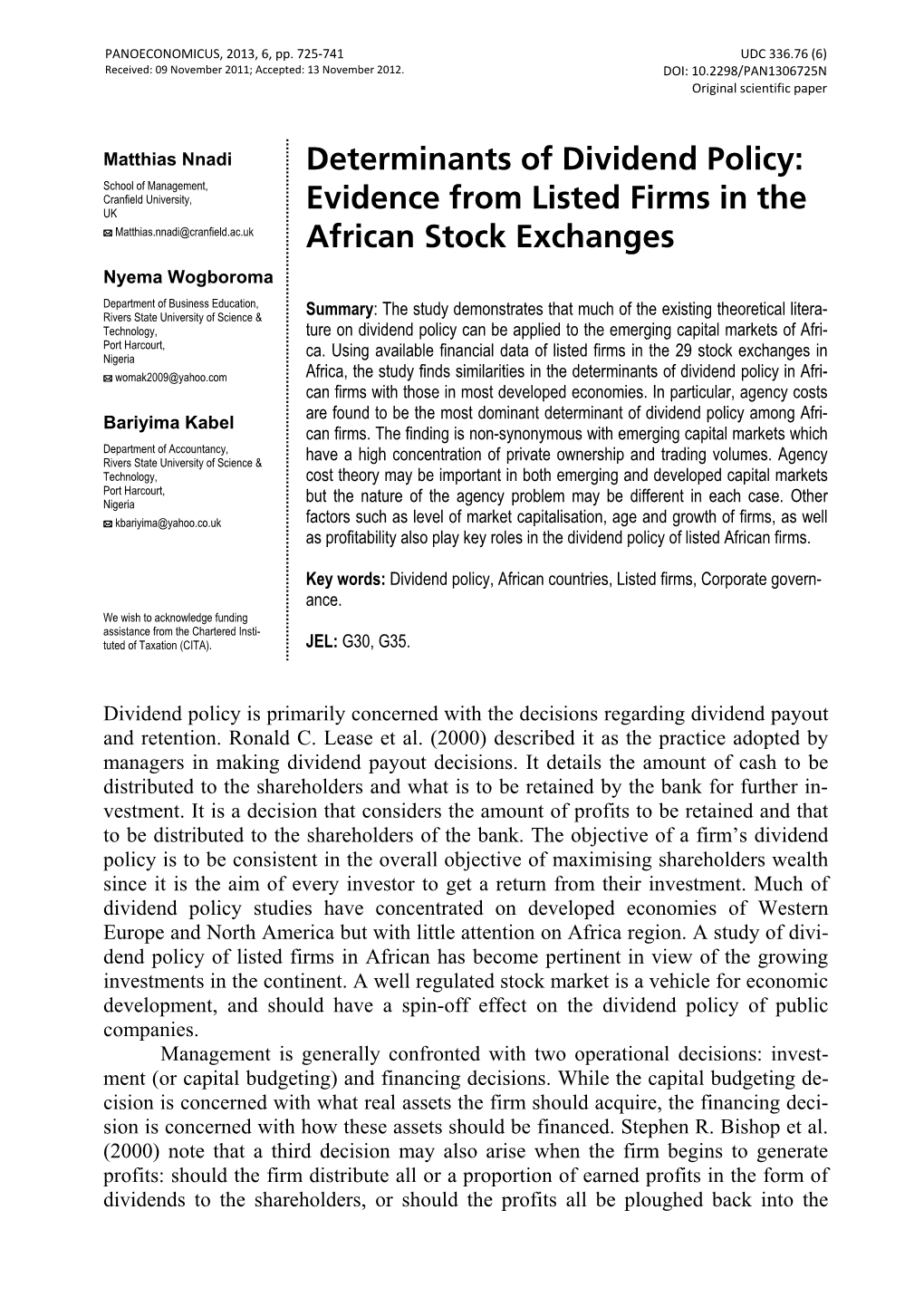 Evidence from Listed Firms in the African Stock Exchanges 727