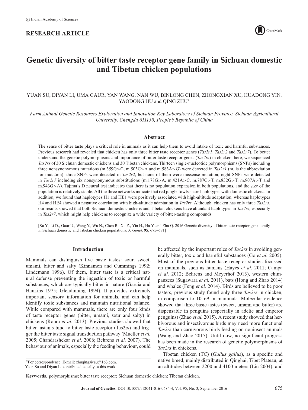 Genetic Diversity of Bitter Taste Receptor Gene Family in Sichuan Domestic and Tibetan Chicken Populations