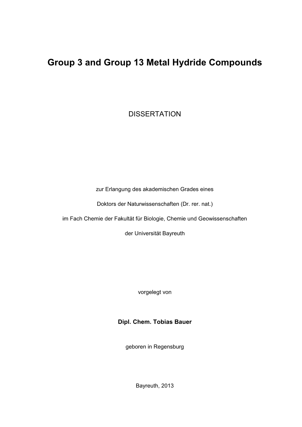 Group 3 and Group 13 Metal Hydride Compounds