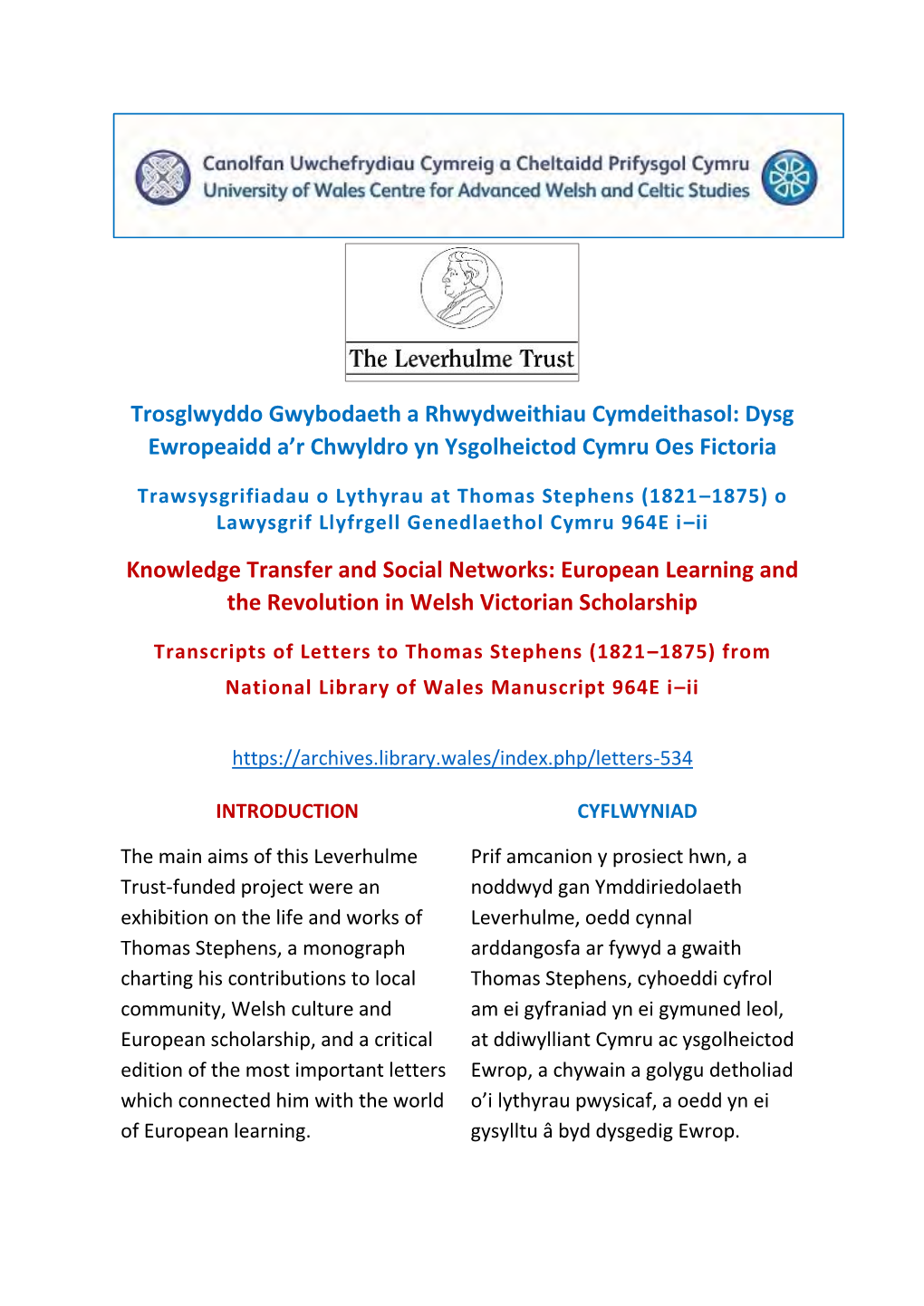 Transcripts of Letters to Thomas Stephens (1821–1875) from National Library of Wales Manuscript 964E I–Ii