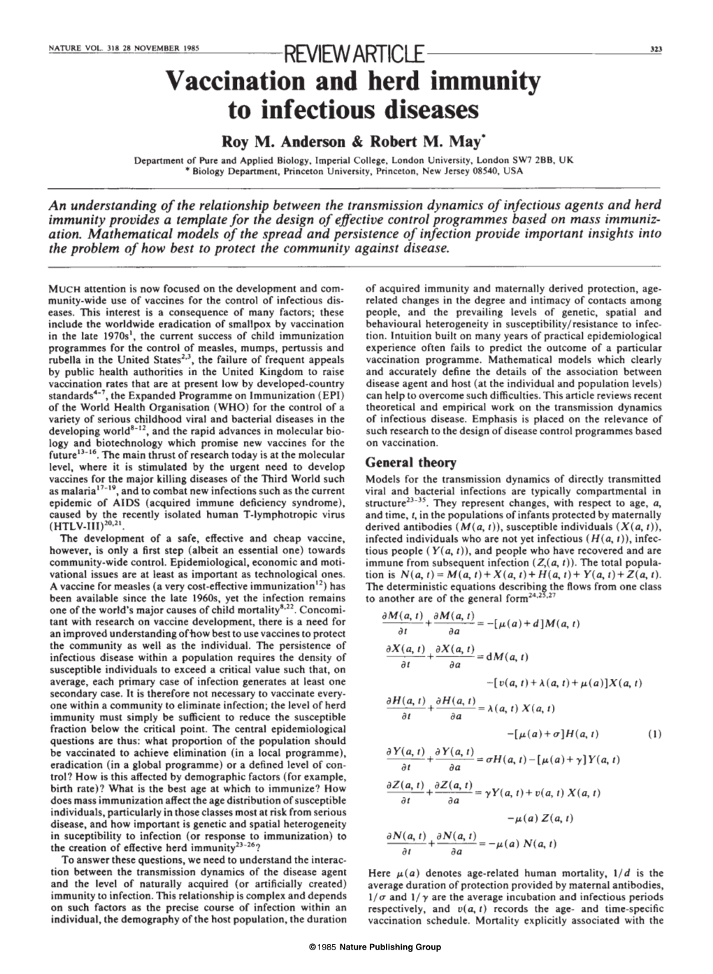 Vaccination and Herd Immunity to Infectious Diseases Roy M