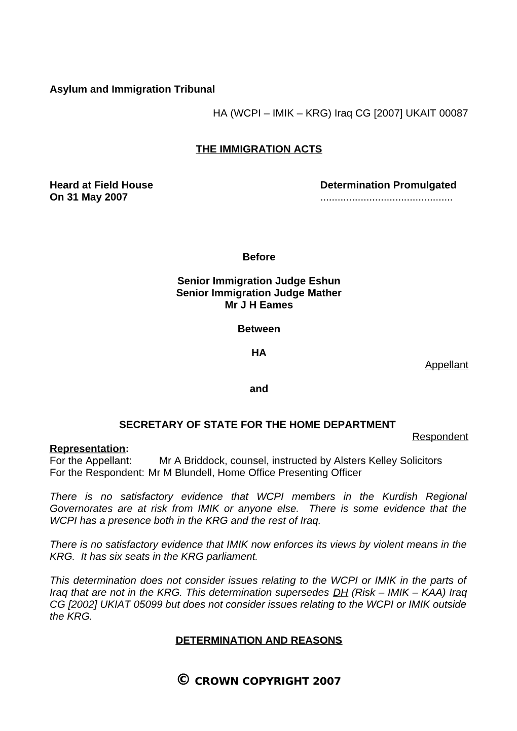 Iraq CG [2007] UKAIT 00087 the IMMIGRATION