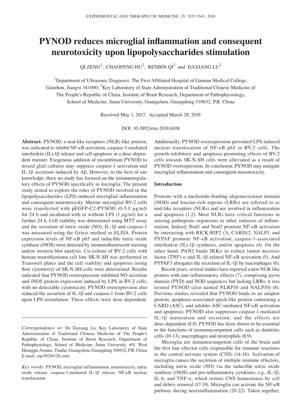 PYNOD Reduces Microglial Inflammation and Consequent Neurotoxicity Upon Lipopolysaccharides Stimulation