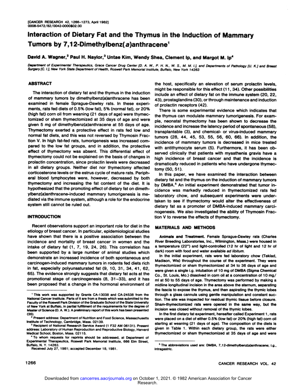 Interaction of Dietary Fat and the Thymus in the Induction of Mammary Tumors by 7,12-Dimethylbenz(A)Anthracene1