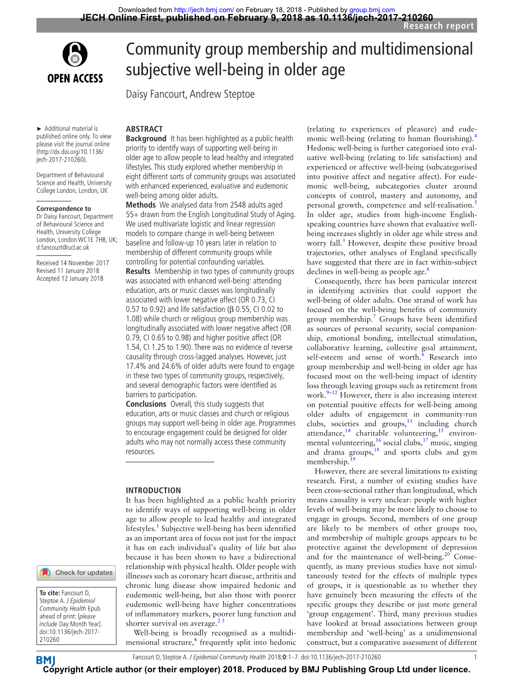 Community Group Membership and Multidimensional Subjective Well-Being in Older Age Daisy Fancourt, Andrew Steptoe