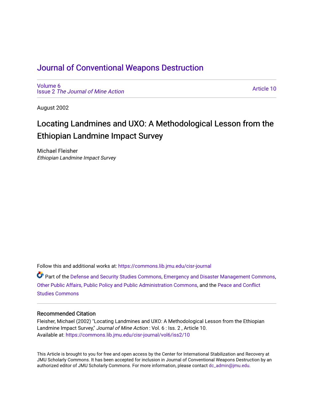 A Methodological Lesson from the Ethiopian Landmine Impact Survey