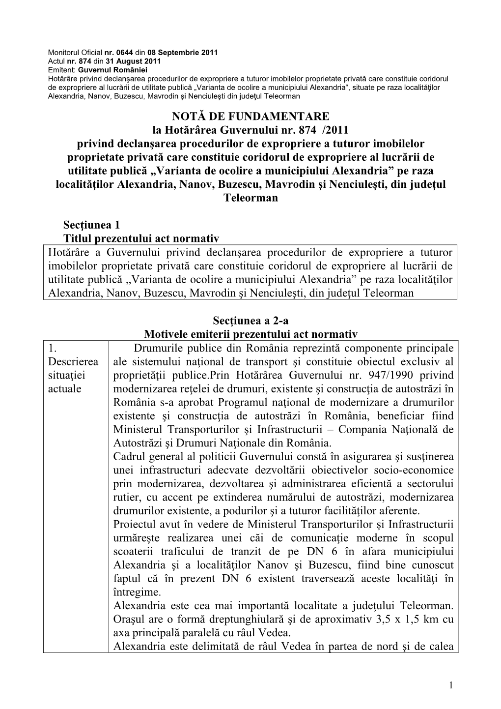 NOTĂ DE FUNDAMENTARE La Hotărârea Guvernului Nr