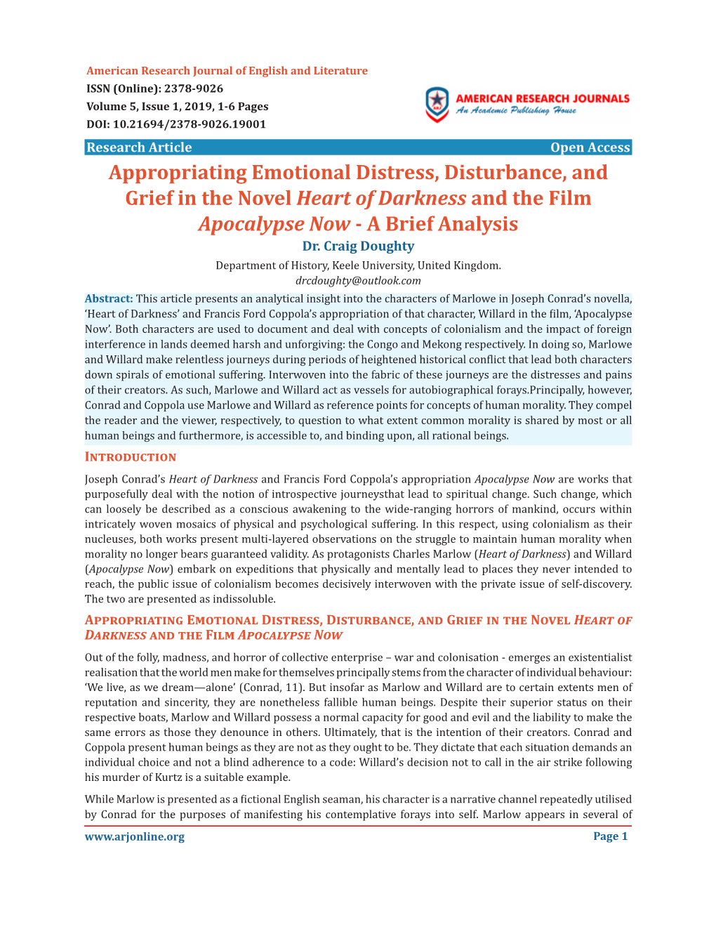 Appropriating Emotional Distress, Disturbance, and Grief in the Novel Heart of Darkness and the Film Apocalypse Now - a Brief Analysis Dr