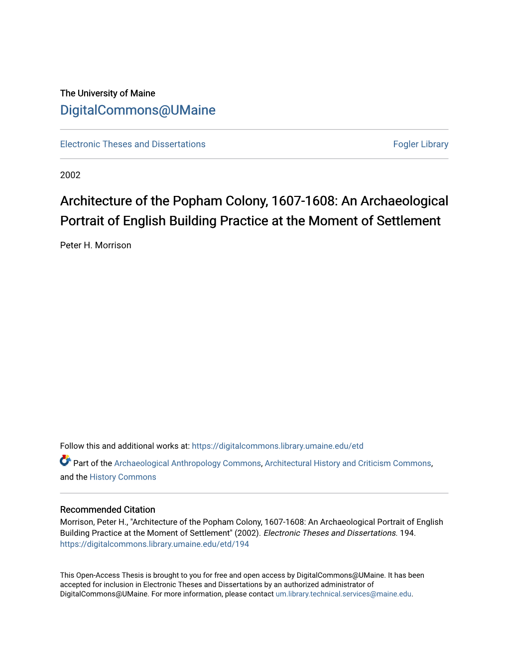 Architecture of the Popham Colony, 1607-1608: an Archaeological Portrait of English Building Practice at the Moment of Settlement