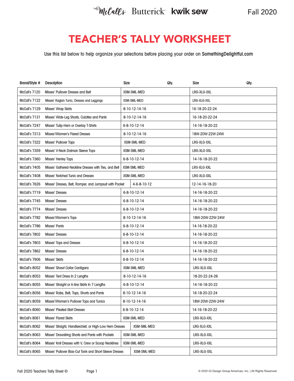 Teacher's Tally Worksheet