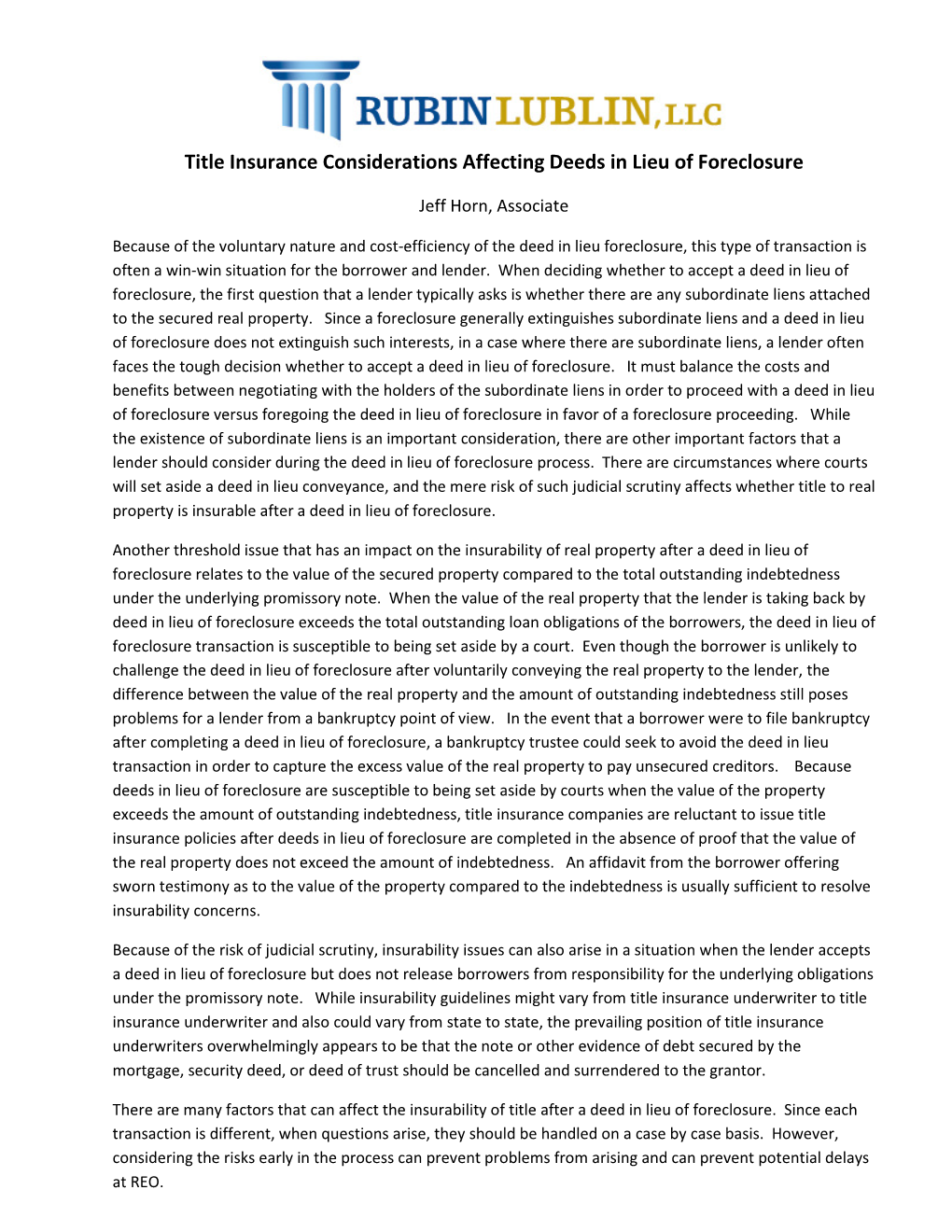 Title Insurance Considerations Affecting Deeds in Lieu of Foreclosure