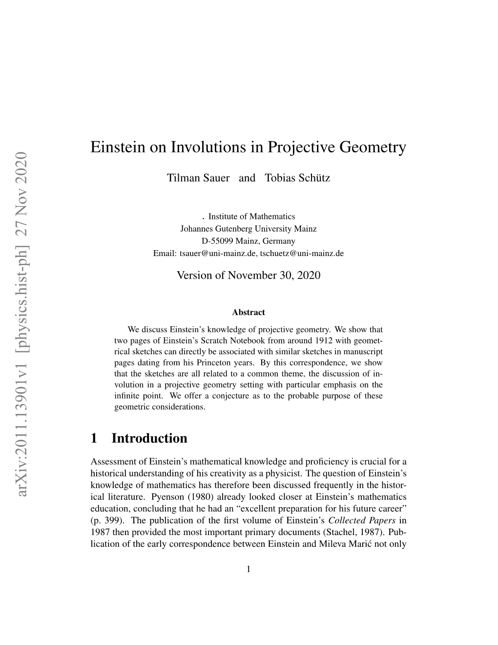 Einstein on Involutions in Projective Geometry Arxiv:2011.13901V1 [Physics.Hist-Ph] 27 Nov 2020