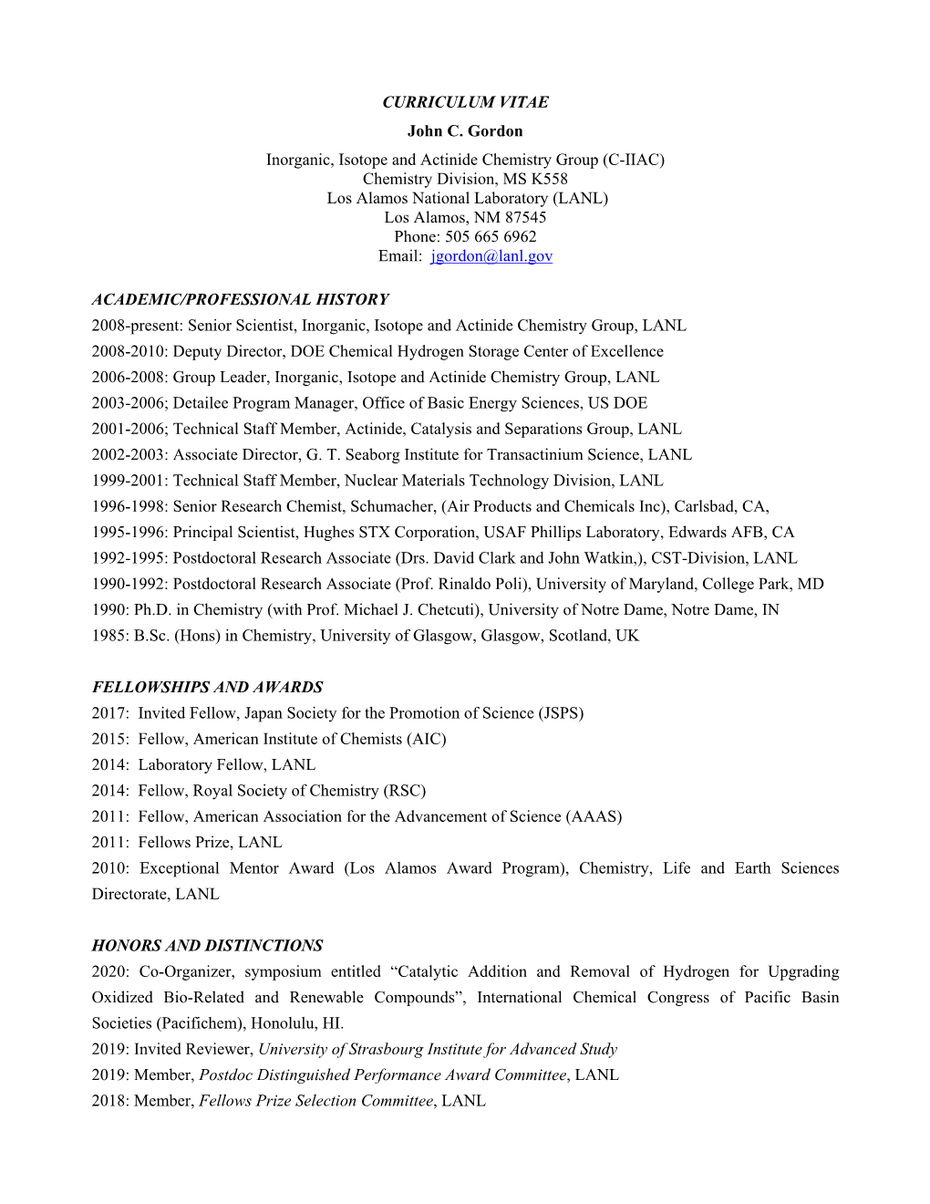 CURRICULUM VITAE John C. Gordon Inorganic, Isotope and Actinide