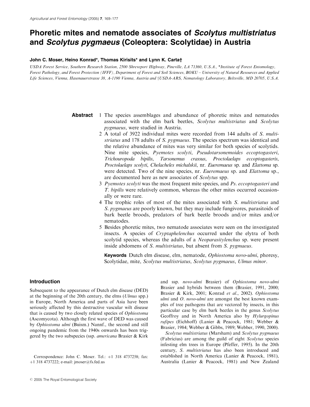 Phoretic Mites and Nematode Associates of Scolytus Multistriatus and Scolytus Pygmaeus (Coleoptera: Scolytidae) in Austria