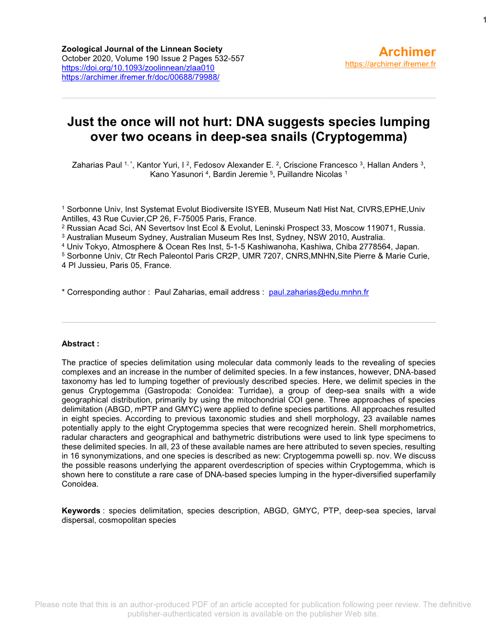 DNA Suggests Species Lumping Over Two Oceans in Deep-Sea Snails (Cryptogemma)