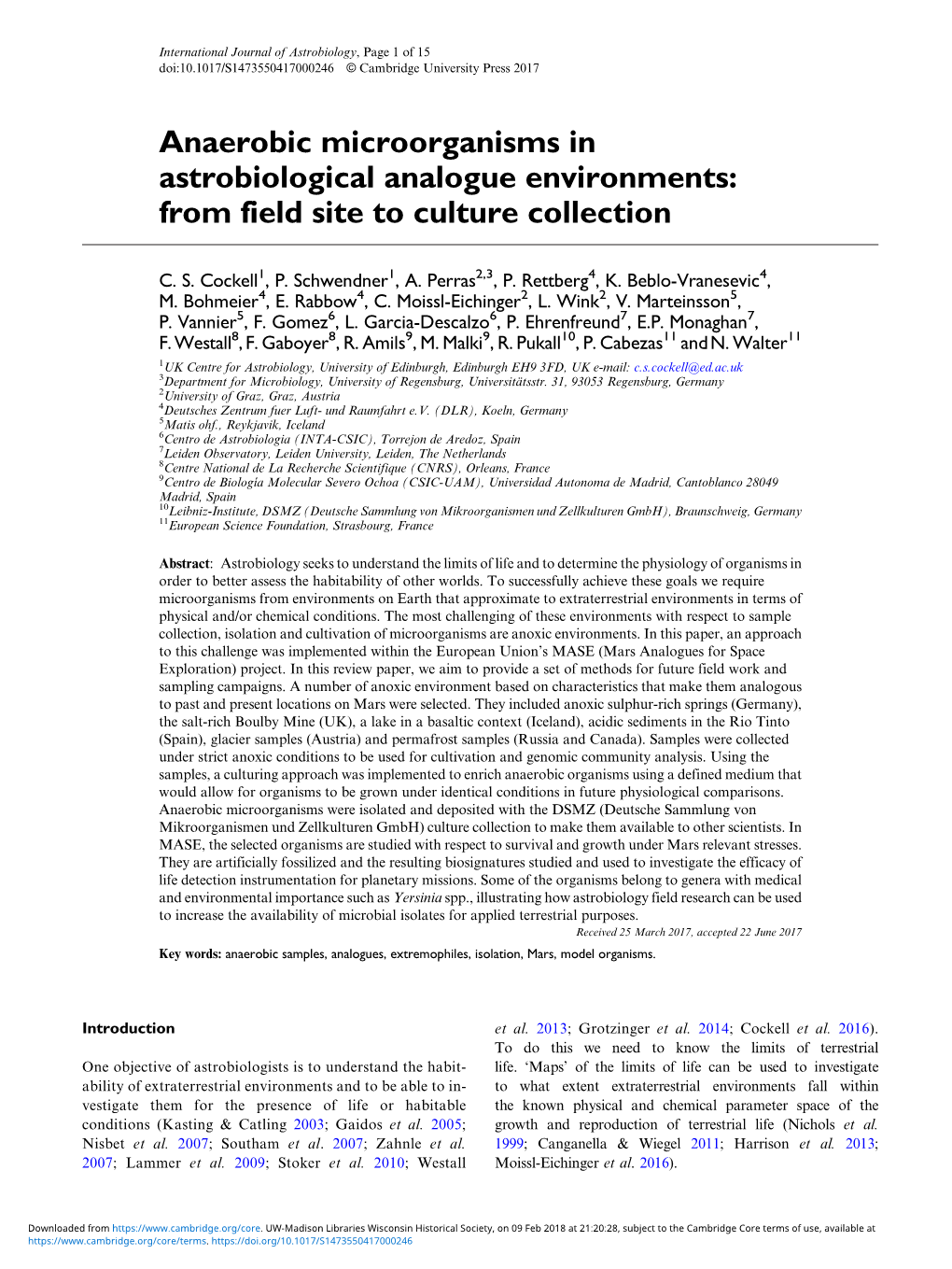 Anaerobic Microorganisms in Astrobiological Analogue Environments: from Field Site to Culture Collection