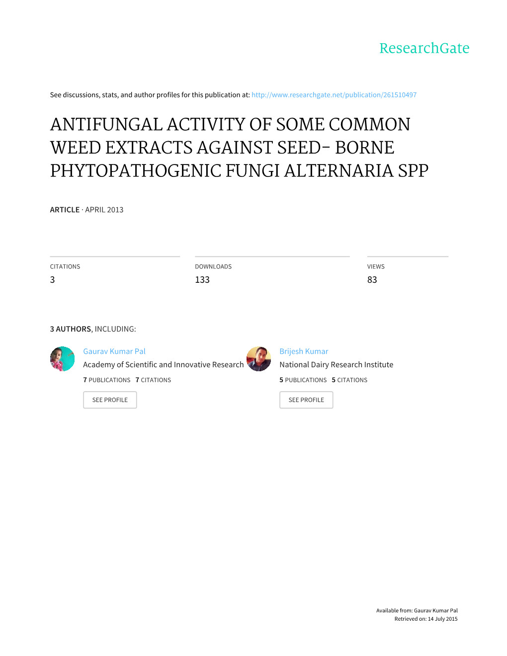 Antifungal Activity of Some Common Weed Extracts Against Seed- Borne Phytopathogenic Fungi Alternaria Spp