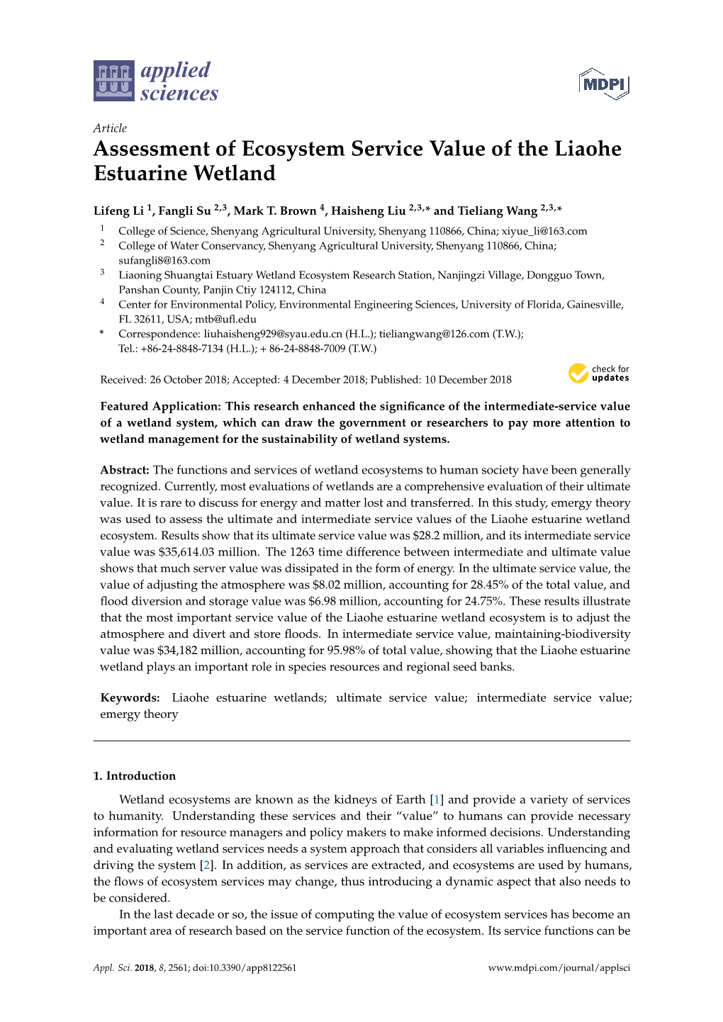 Assessment of Ecosystem Service Value of the Liaohe Estuarine Wetland