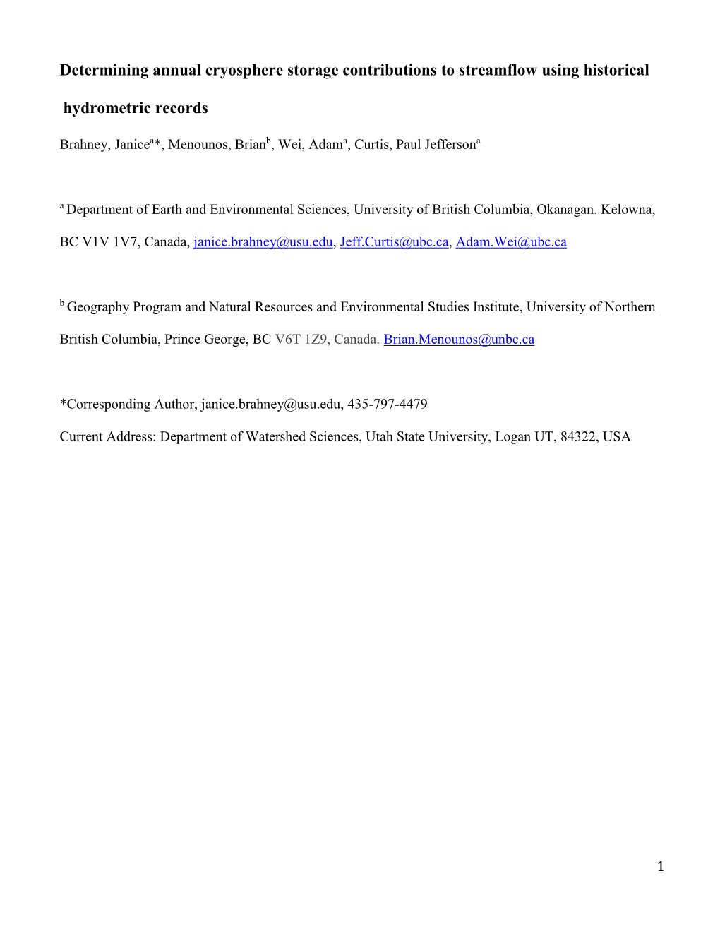 Determining Annual Cryosphere Storage Contributions to Streamflow Using Historical Hydrometric Records