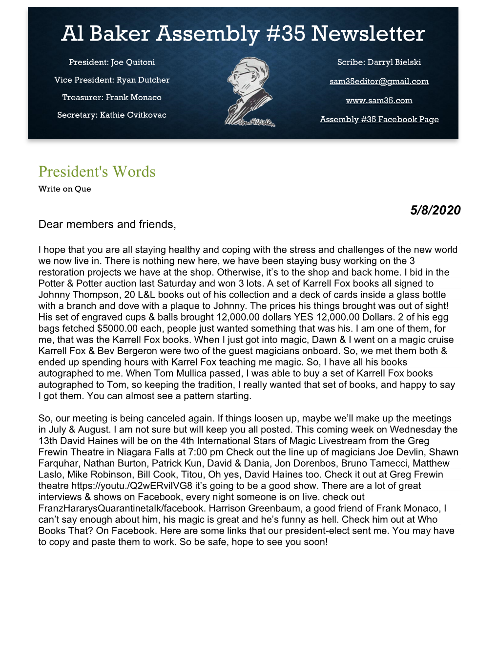 Al Baker Assembly #35 Newsletter