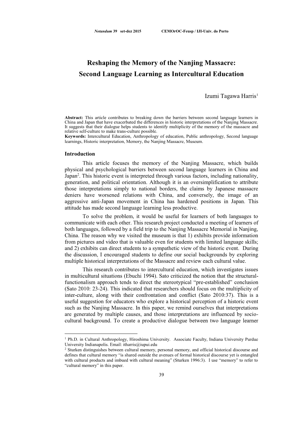 Reshaping the Memory of the Nanjing Massacre: Second Language Learning As Intercultural Education