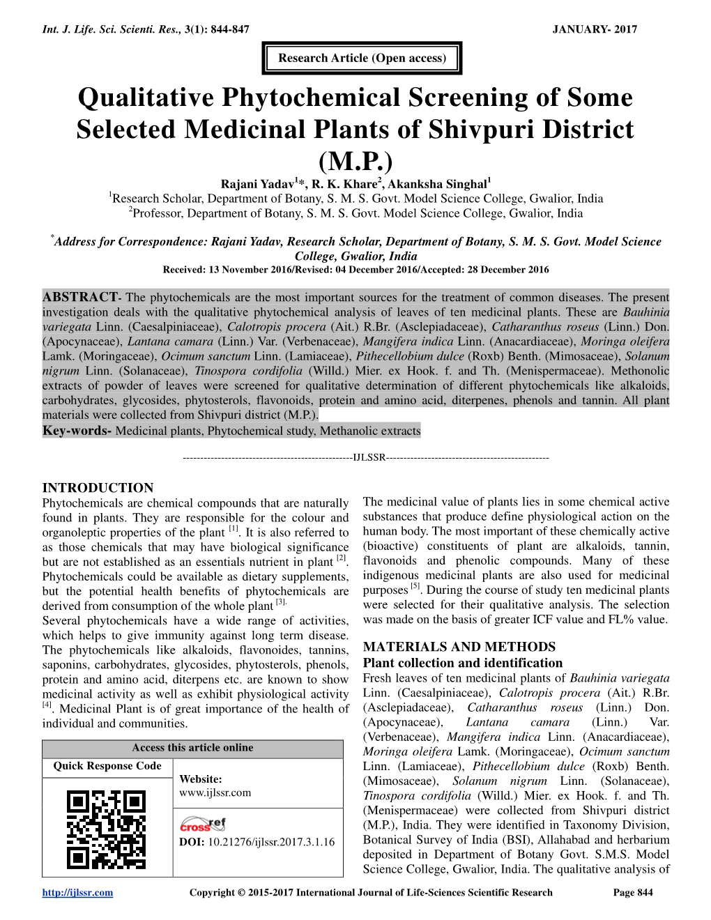 Qualitative Phytochemical Screening of Some Selected Medicinal Plants of Shivpuri District (M.P.) Rajani Yadav 1*, R