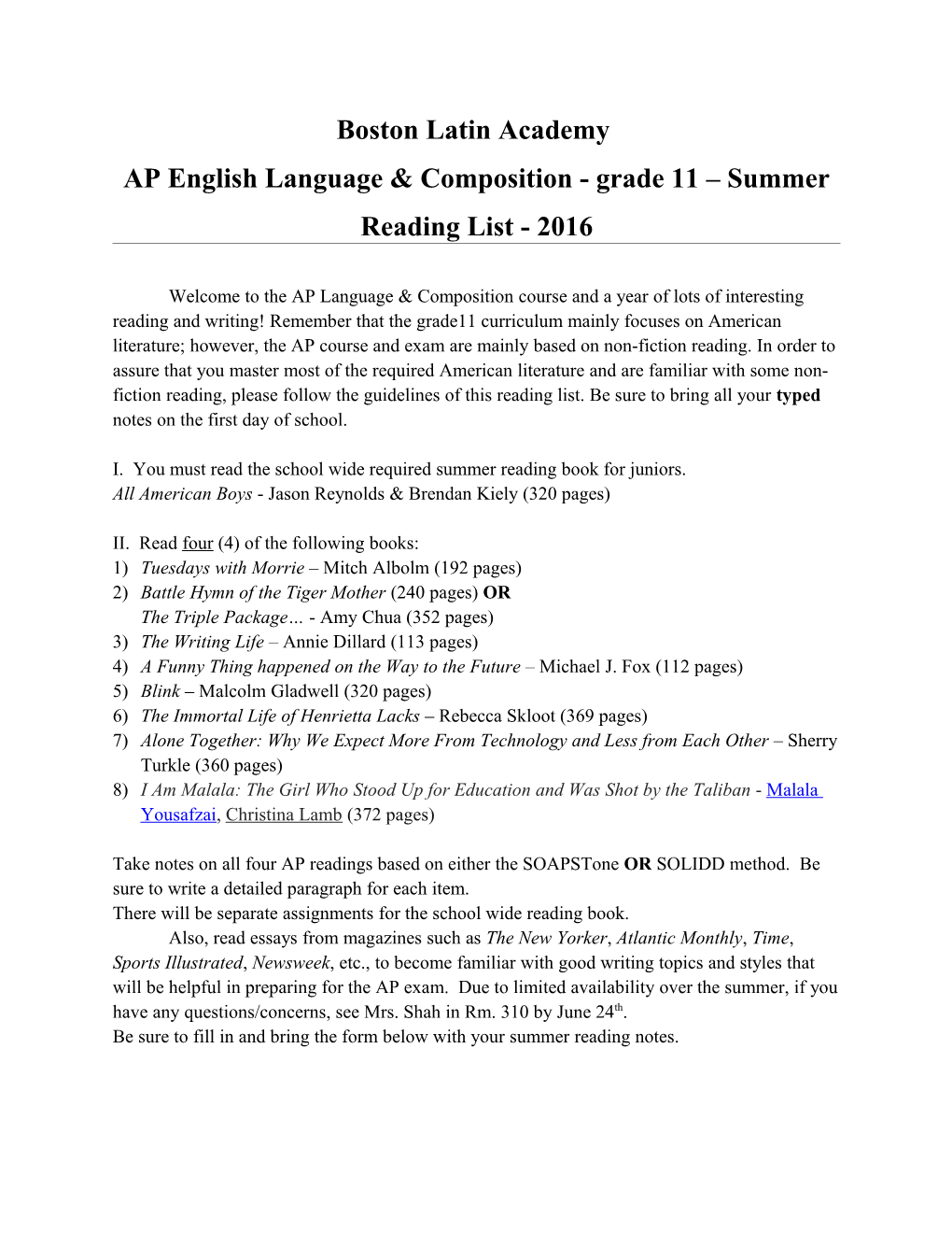 AP English Language & Composition - Grade 11 Summer Reading List - 2016