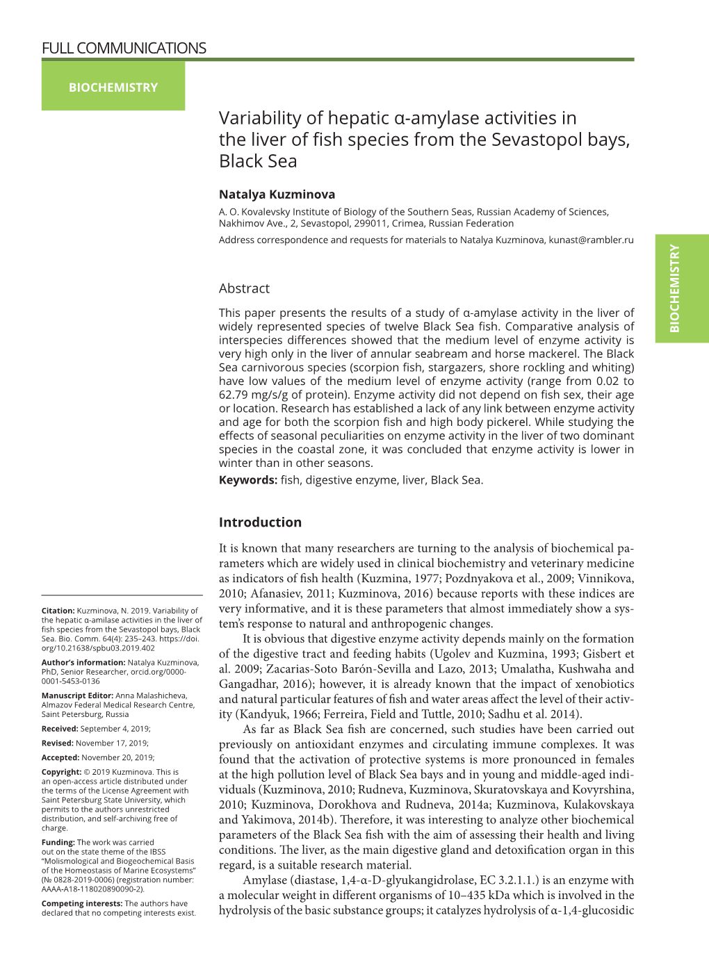 Variability of Hepatic Α-Amylase Activities in the Liver of Fish Species from the Sevastopol Bays, Black Sea