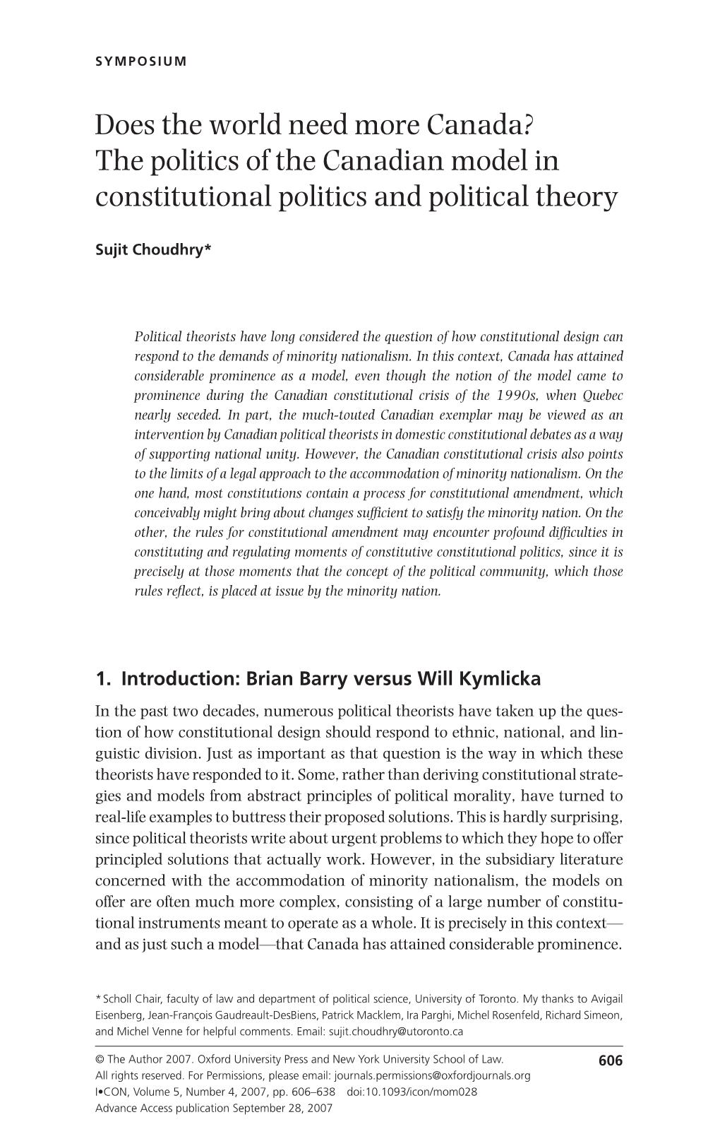 Does the World Need More Canada? the Politics of the Canadian Model in Constitutional Politics and Political Theory