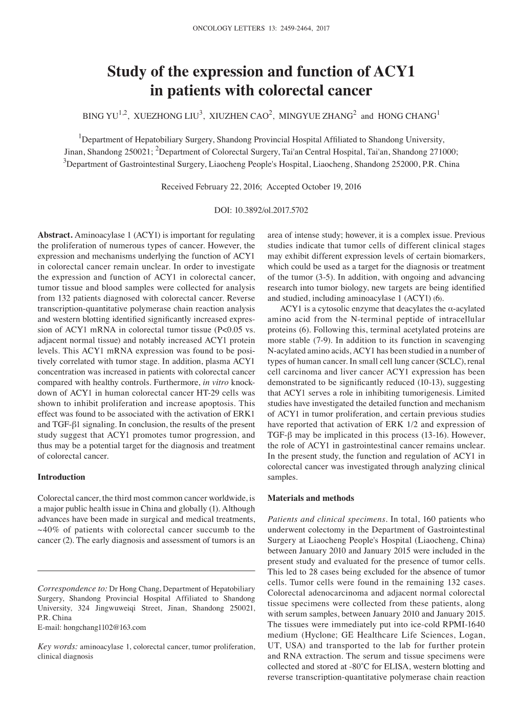 Study of the Expression and Function of ACY1 in Patients with Colorectal Cancer