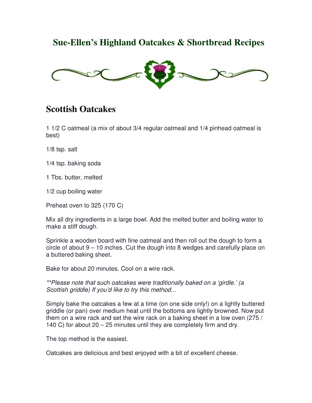 Sue-Ellen's Highland Oatcakes & Shortbread Recipes Scottish