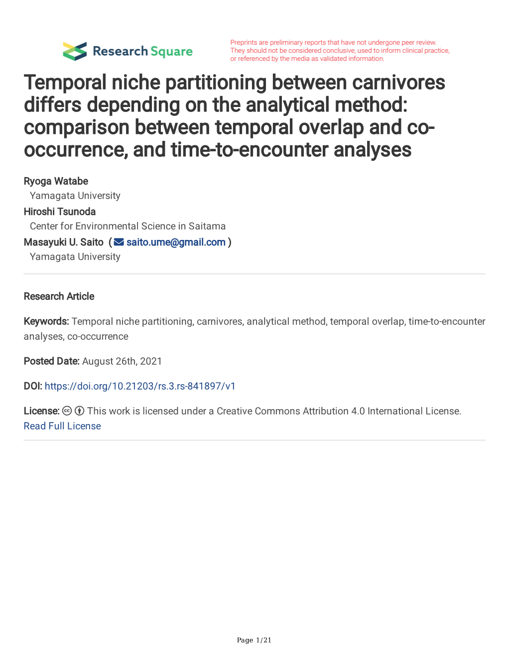 Temporal Niche Partitioning Between Carnivores Differs Depending on The