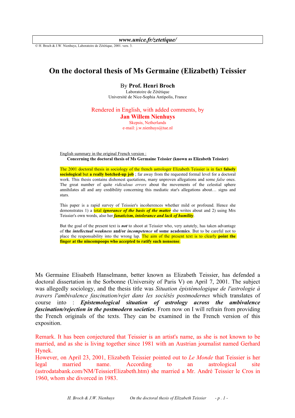 On the Doctoral Thesis of Ms Germaine (Elizabeth) Teissier