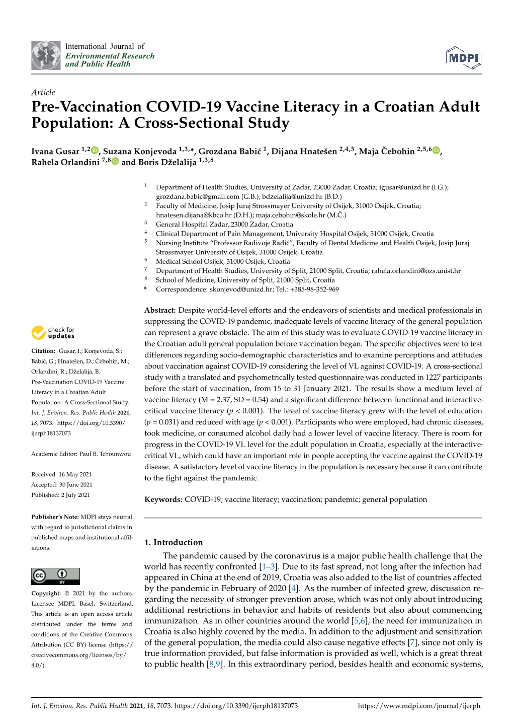 Pre-Vaccination COVID-19 Vaccine Literacy in a Croatian Adult Population: a Cross-Sectional Study