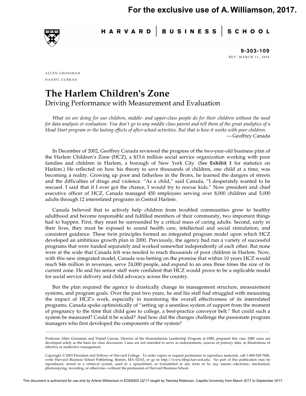 The Harlem Children's Zone Driving Performance with Measurement and Evaluation